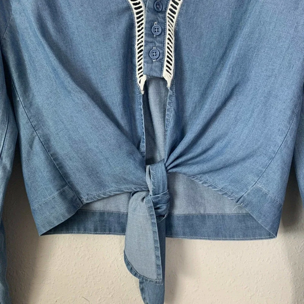 Lovers + Friends Denim Chambray Long Sleeve Tie Front Crop Top - Picture 5 of 6